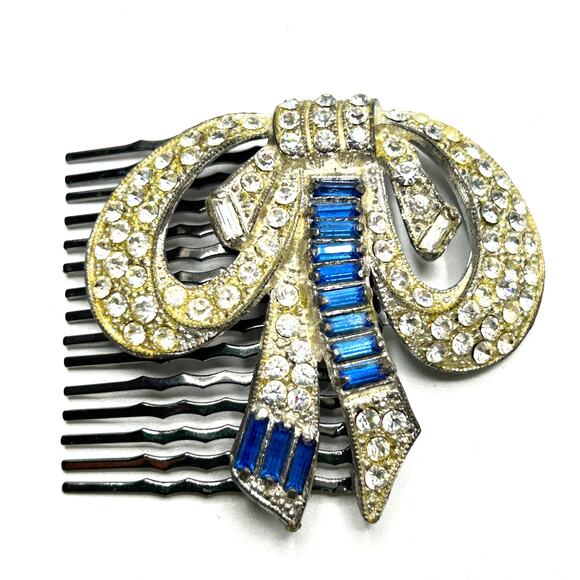 Vintage 1940s Rhinestone Bow Hair Comb Art Deco Retro Wedding Glam - Picture 1 of 5